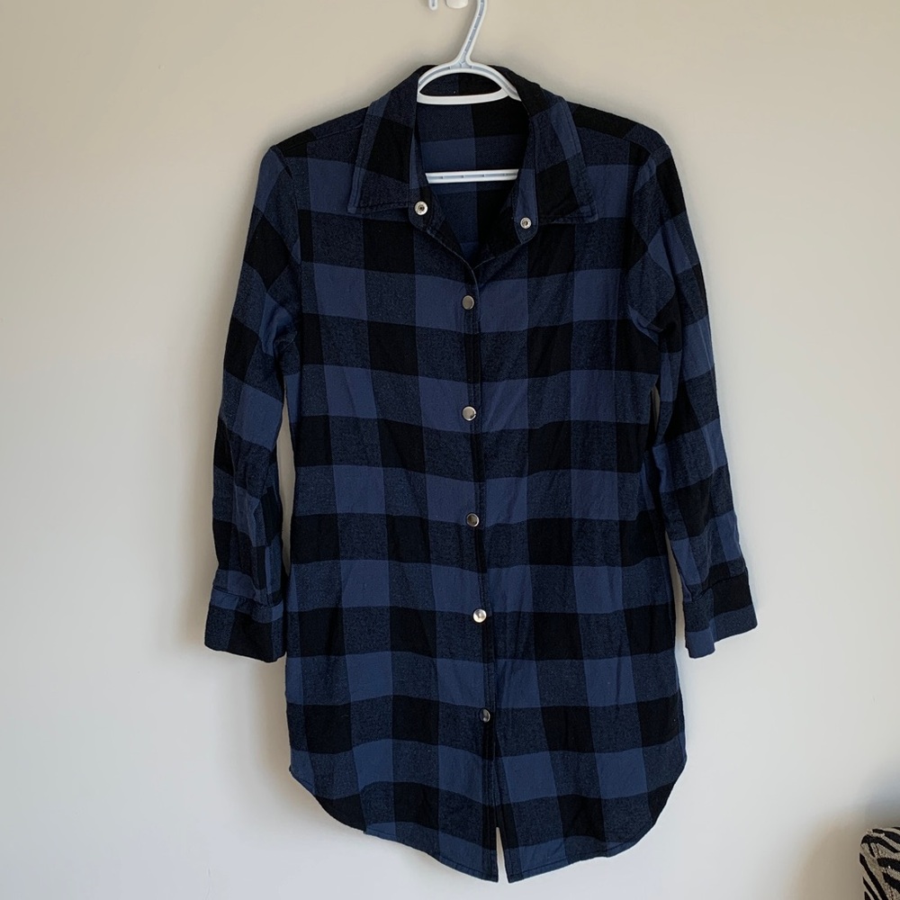 Blue and Black Checkered Snap Button-Up Shirt Longline.